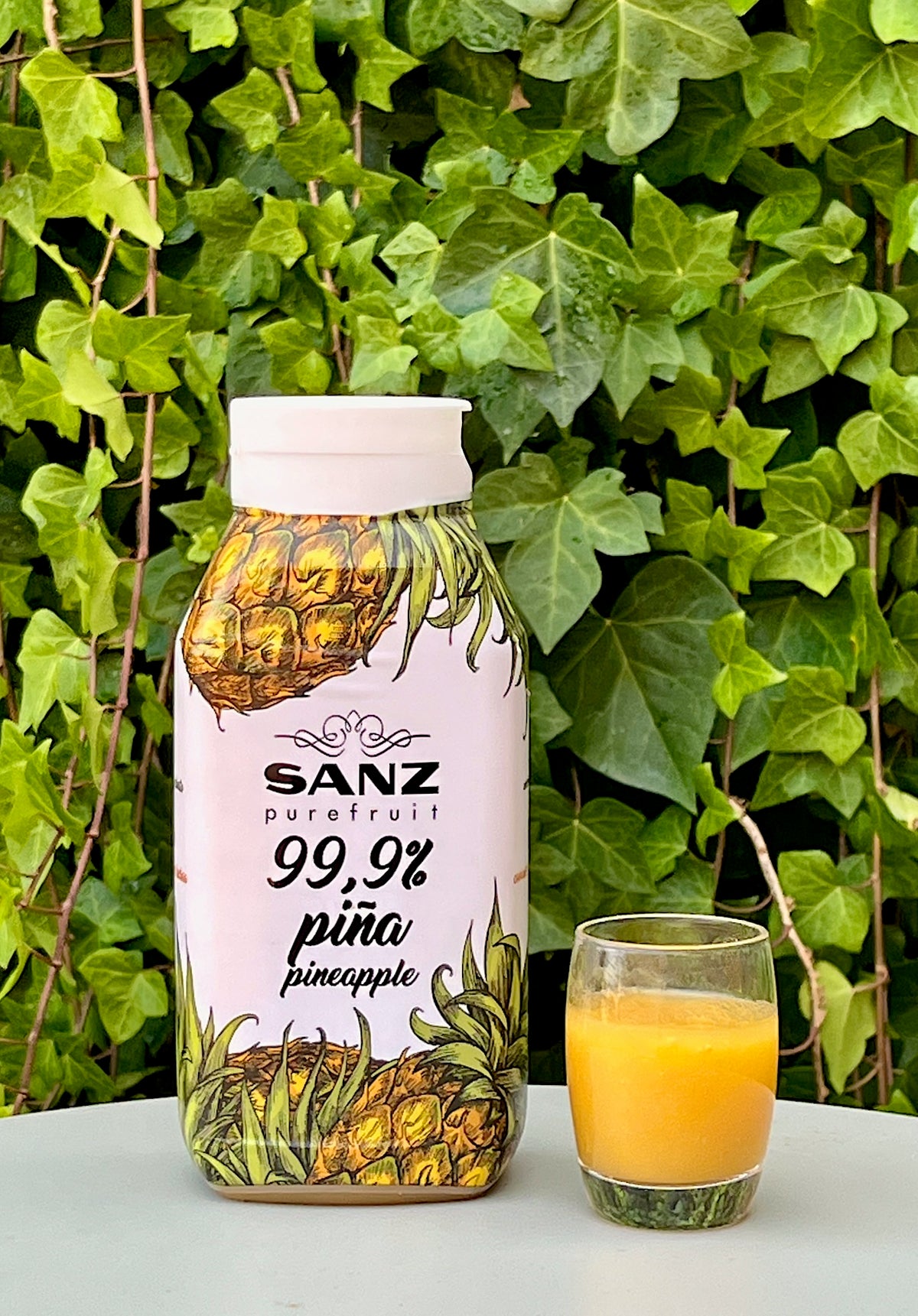 Sanz Ananaspüree 99,9 % mit Flasche und Glas mit gelbem Ananaspüree auf einem Tisch vor Efeu.