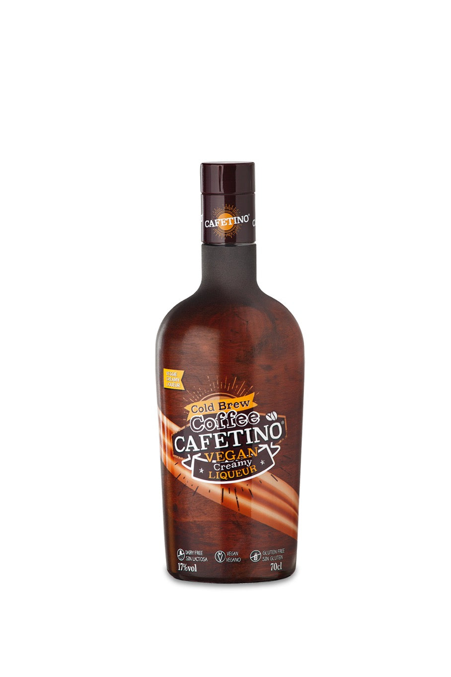 Braune Flasche Cafetino Vegan Kaffee Likör mit Cold Brew Aufschrift, 0,7 l, mattes Holzdesign und cremiger Kaffeeoptik.