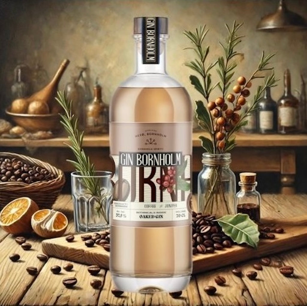 Flasche Bornholm Gin Oaked Coffee auf Holztisch mit Kaffeebohnen, Orangenscheiben und Wacholderzweigen in rustikalem Ambiente.