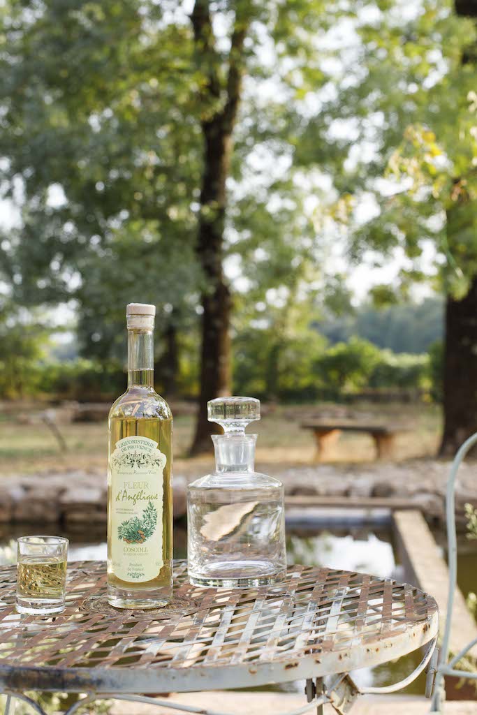 Flasche Fleur d'Angélique Likör auf einem Metalltisch mit Glas und Karaffe, im Hintergrund Bäume und ein Teich.