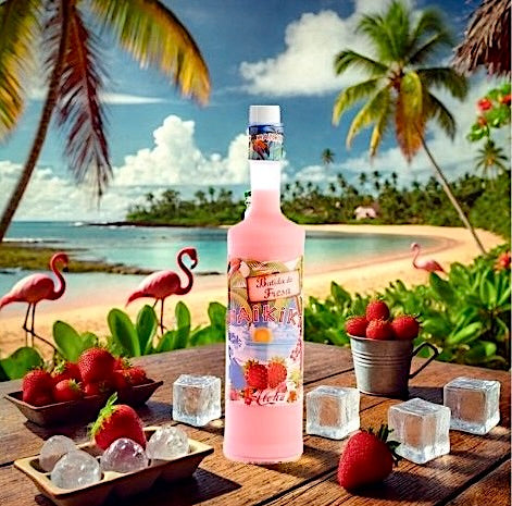 Batida de Fresa Waikiki auf Holztisch mit Eis und Erdbeeren, vor tropischer Kulisse mit Palmen und Strand