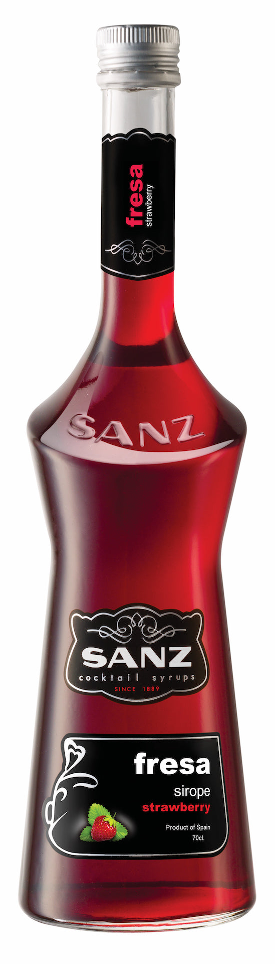 Erdbeersirup Sanz 0,7l Flasche mit schwarzem Etikett und rotem Sirup