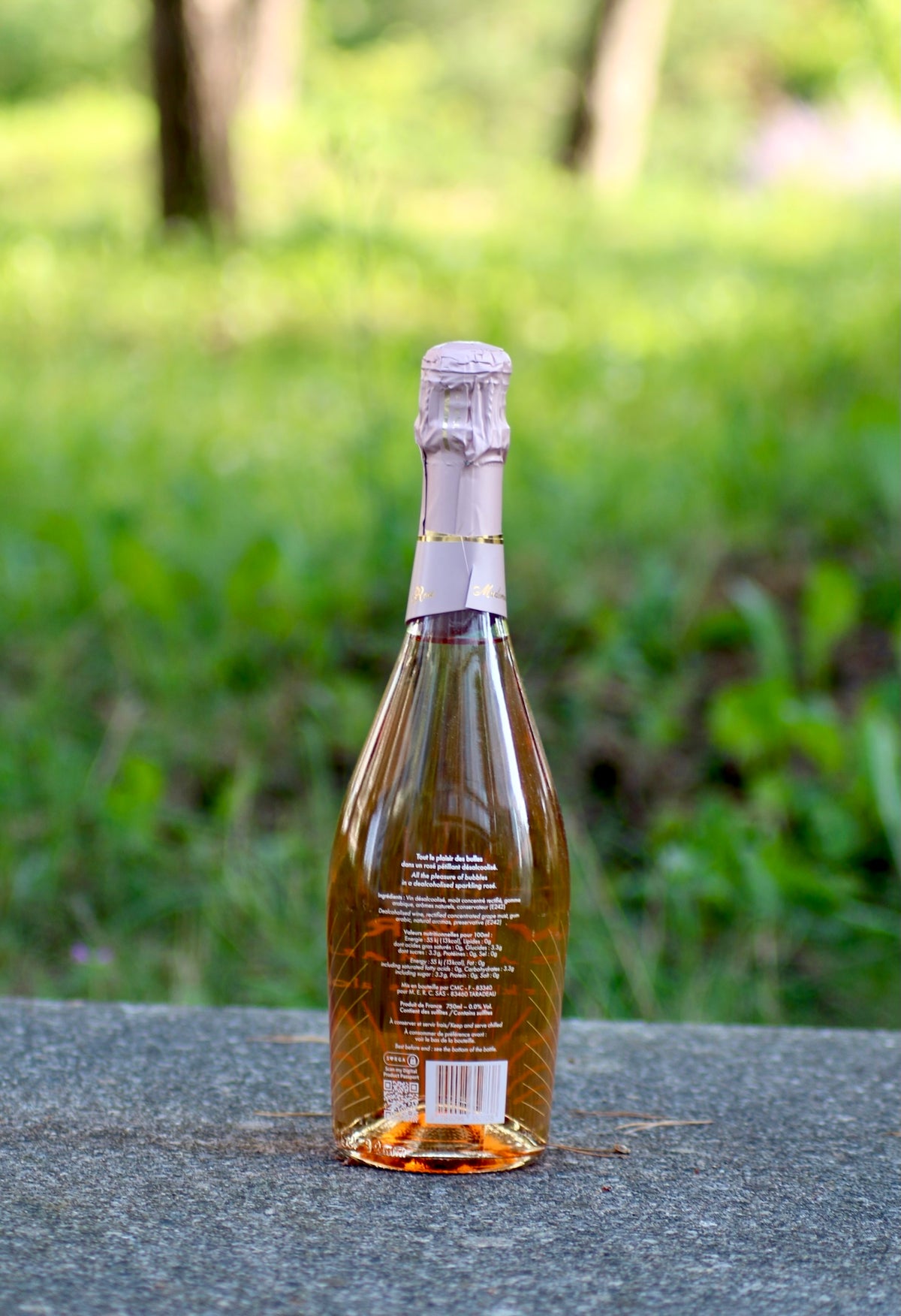 Rückseite der Flasche Fav0%rite Rosé alkoholfreier Schaumwein, auf Stein, unscharfer grüner Hintergrund