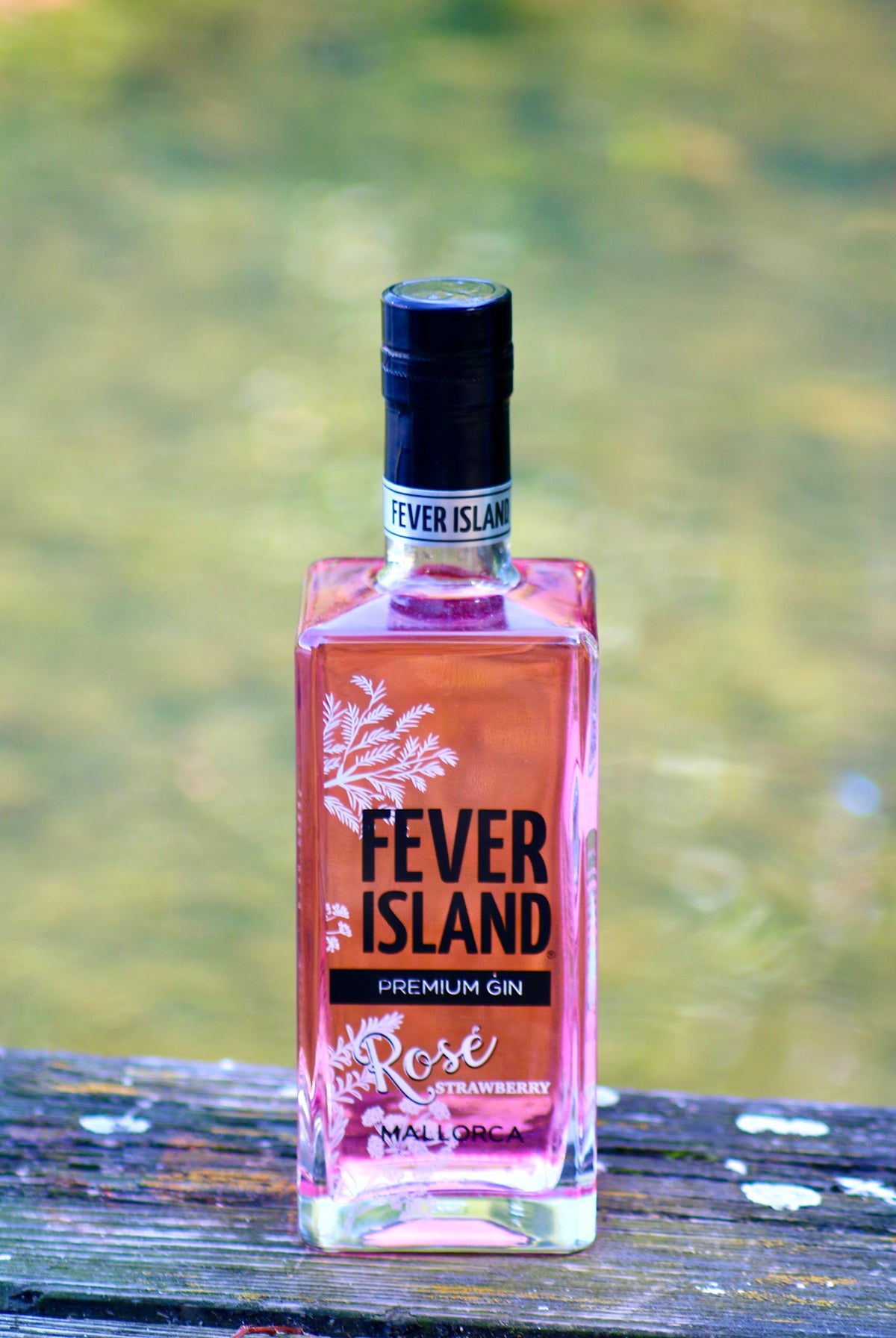 Fever Island Rose Gin Rosé Strawberry aus Mallorca in rosafarbener Flasche auf Holzbank vor grünem Hintergrund