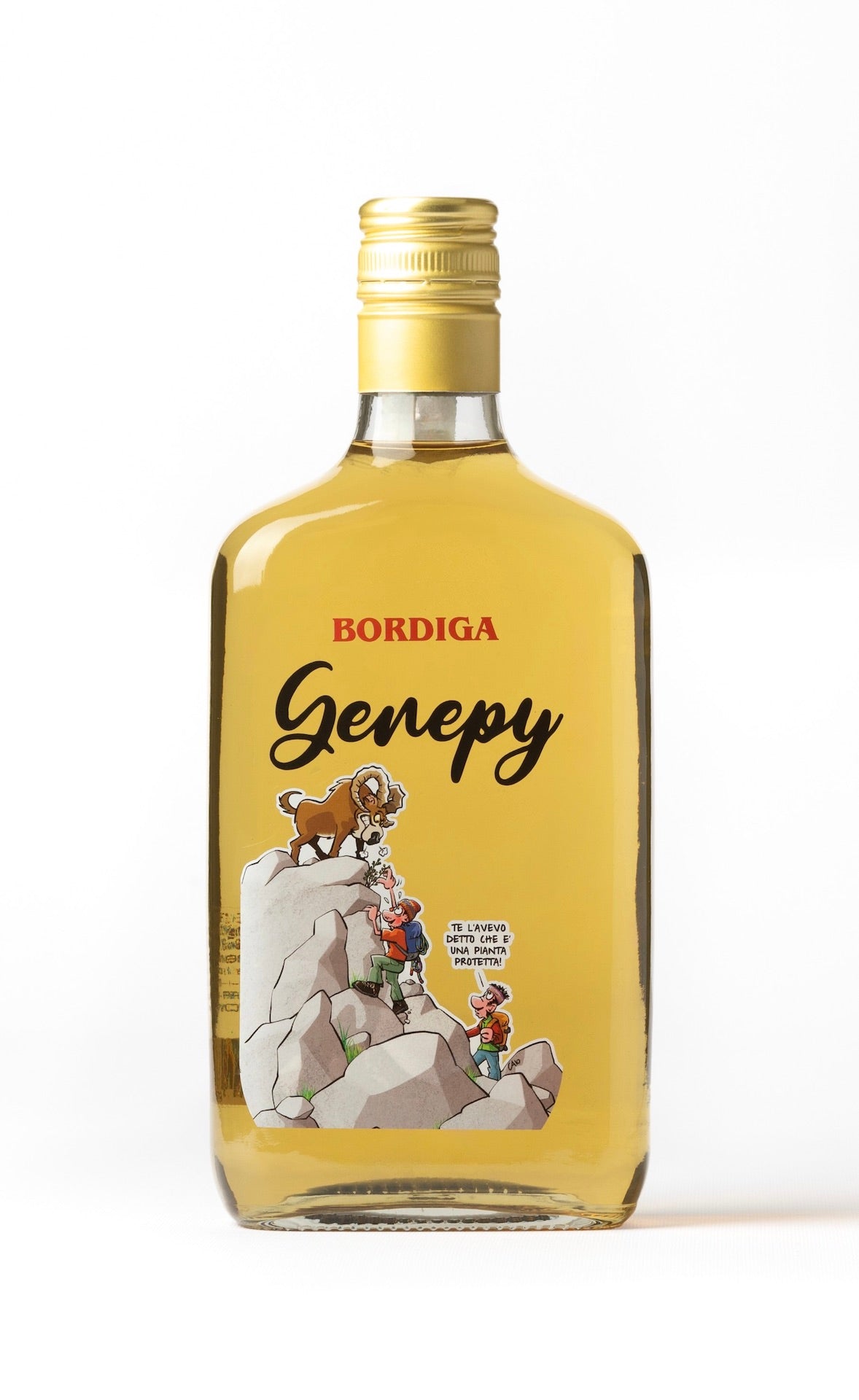 Flasche Genepy Ciao Likör von Bordiga mit gelbem Inhalt und einer Illustration von Ciao Comix, die Bergsteiger mit einem Steinbock zeigt.