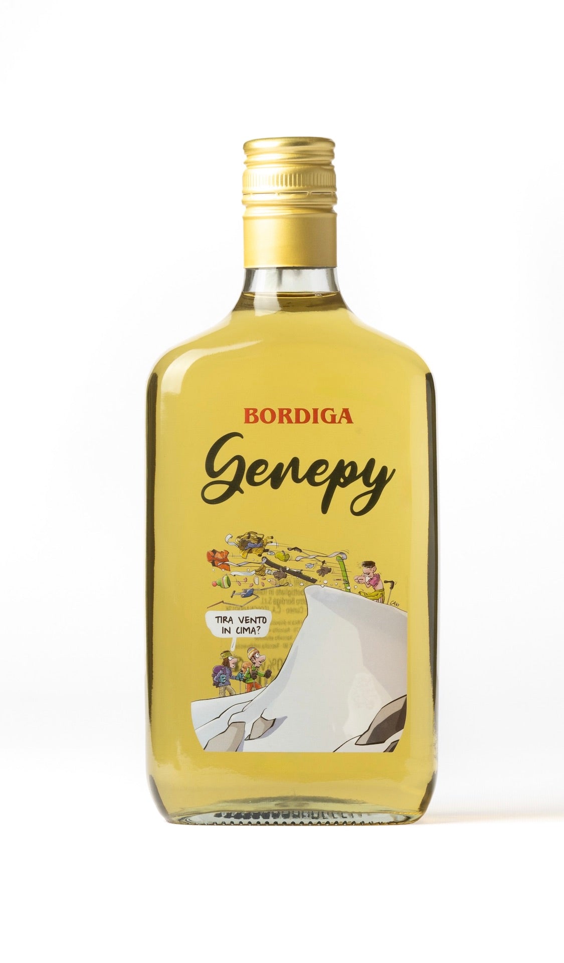 Flasche Genepy Ciao Likör von Bordiga mit gelbem Inhalt und einer Illustration von Ciao Comix, die Bergsteiger und Wind auf einem Gipfel zeigt.