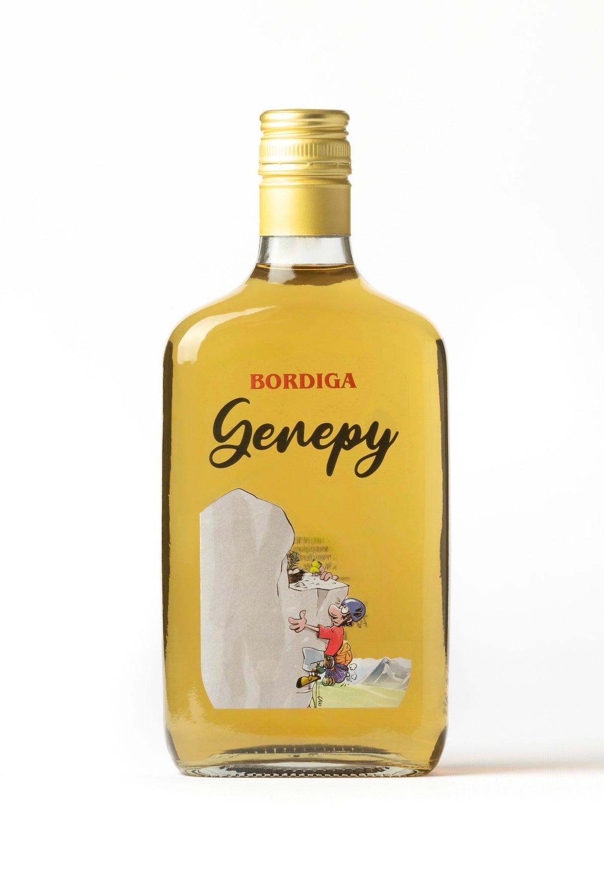 Flasche Genepy Ciao Likör von Bordiga mit gelbem Inhalt und einer Illustration von Ciao Comix, die einen Kletterer zeigt.