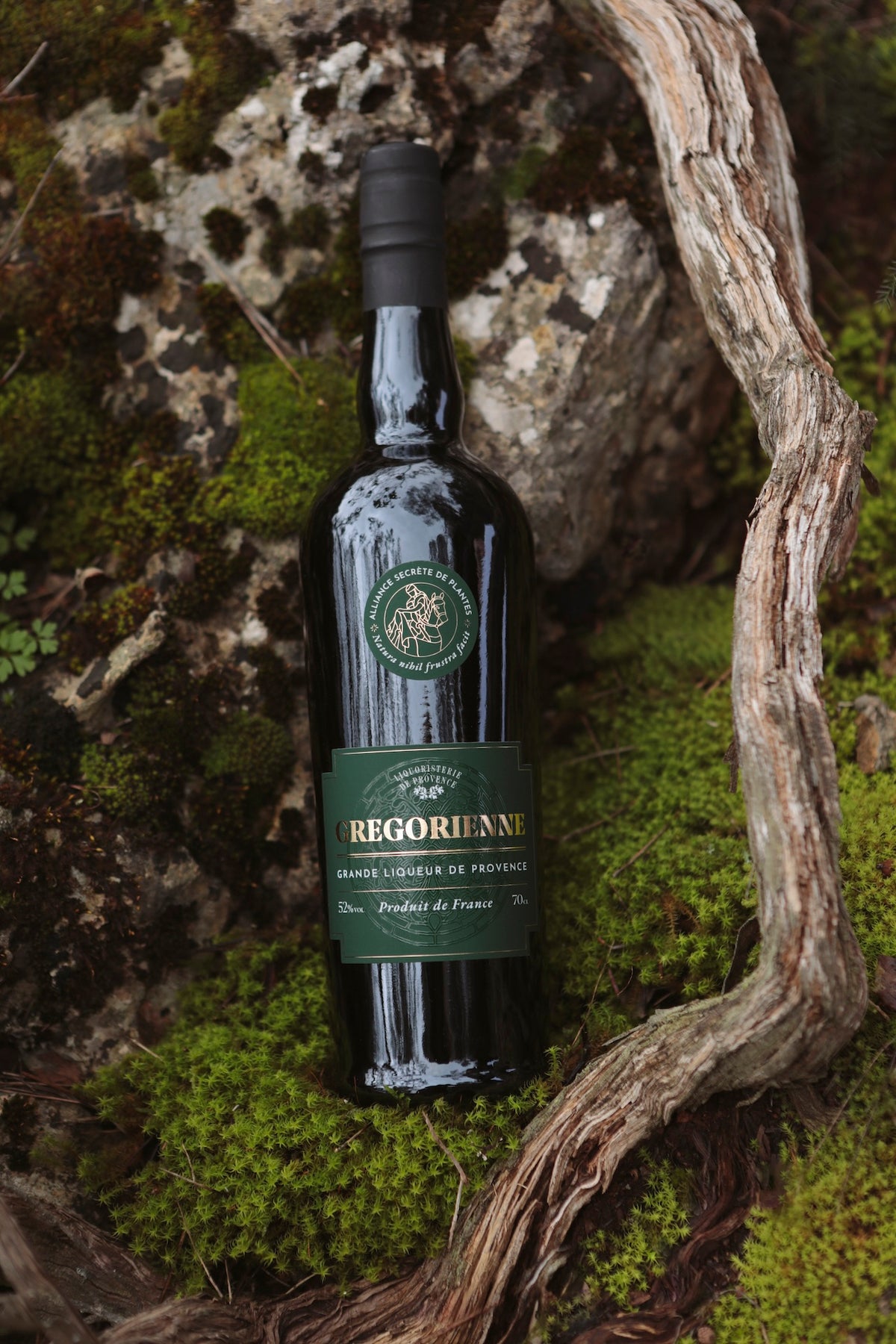 Gregorienne Kräuterlikör aus der Provence in dunkler Flasche mit grünem Etikett im moosigen Wald platziert
