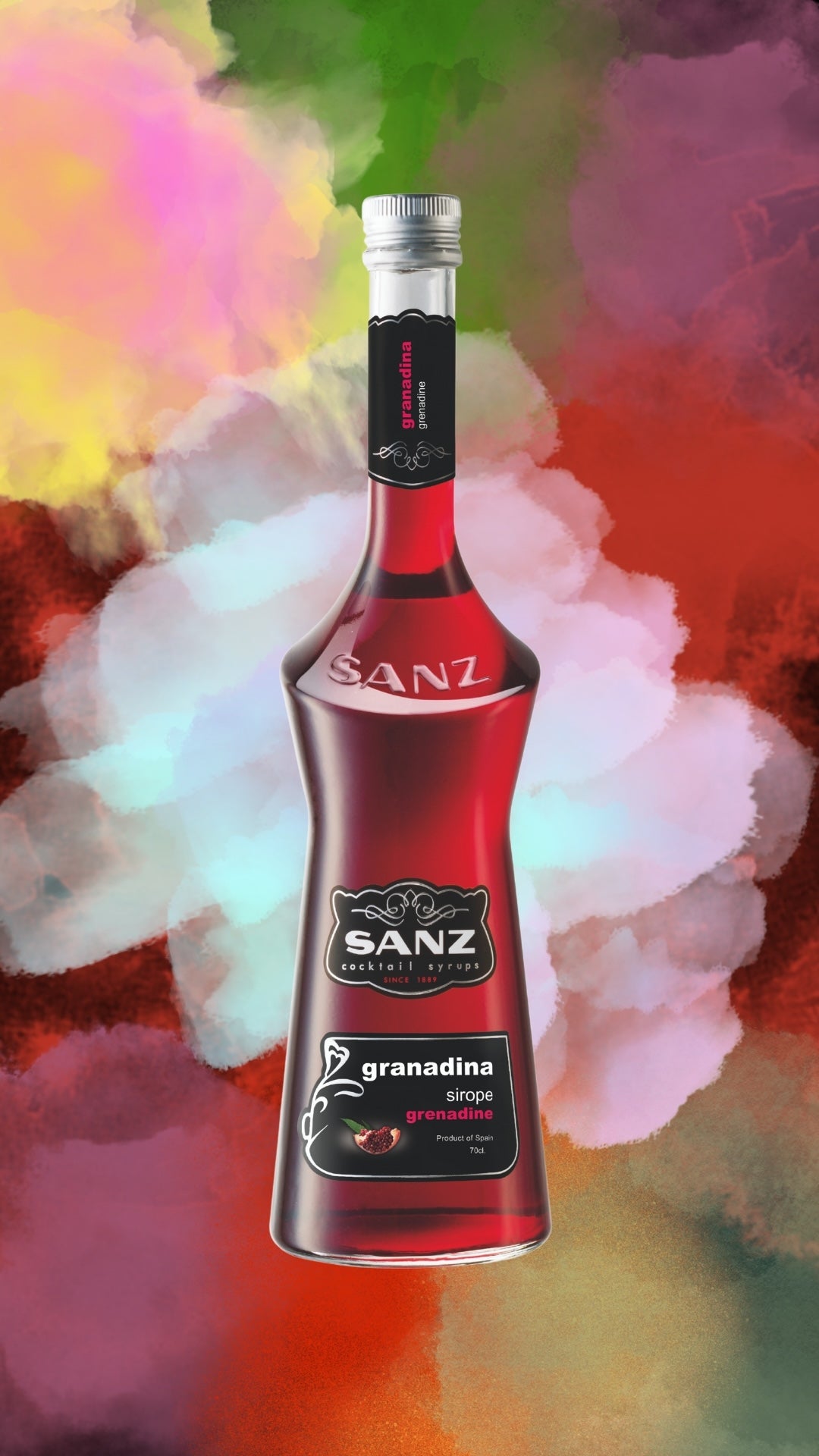 Flasche Sanz Grenadine Sirup mit Granatapfelabbildung vor farbigem Hintergrund in Rot-, Grün- und Violetttönen.