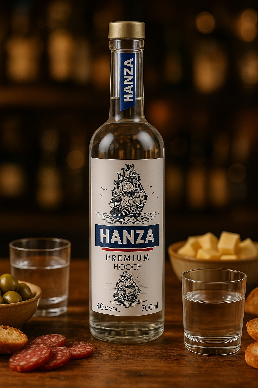 Flasche Hanza Hooch Vodka auf Holztisch mit zwei Gläsern ohne Eis, Oliven, Käsewürfeln, Brot und Wurstscheiben, warm beleuchtete Barumgebung.