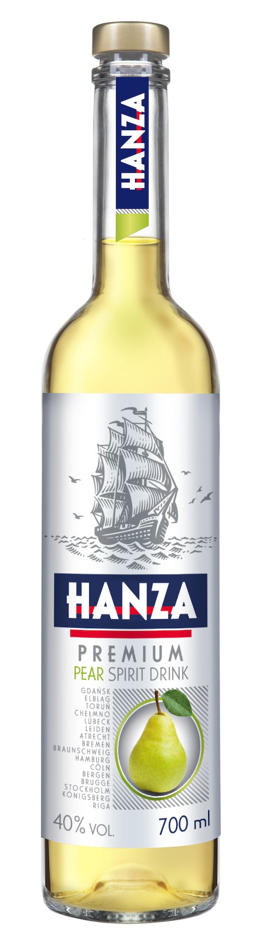 Flasche Hanza Premium Pear Spirit Drink, 700 ml, mit Schiffsmotiv und Birnengrafik, Alkoholgehalt 40 % Vol.