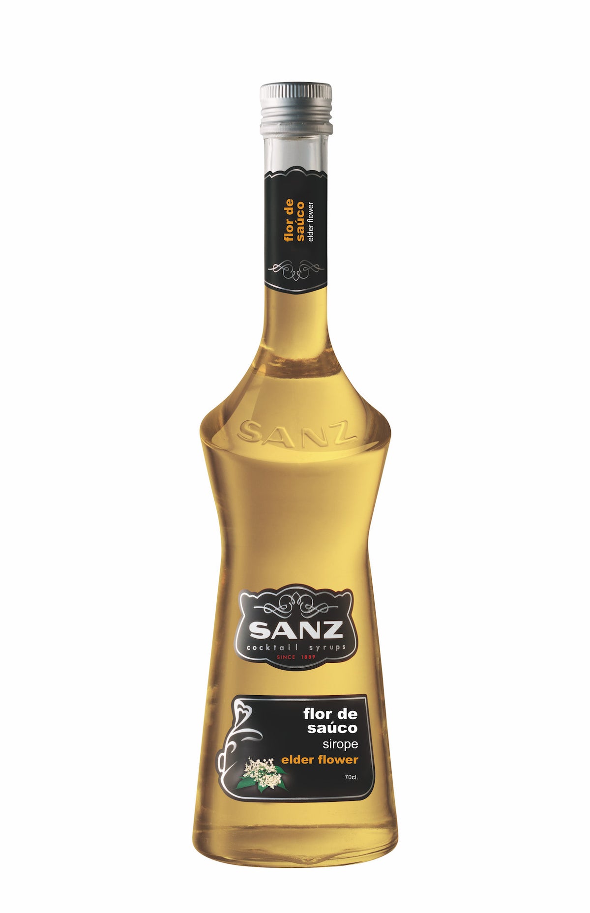 Holunderblütensirup Sanz 0,7L in eleganter Glasflasche mit schwarzem Etikett und goldgelbem Sirup.