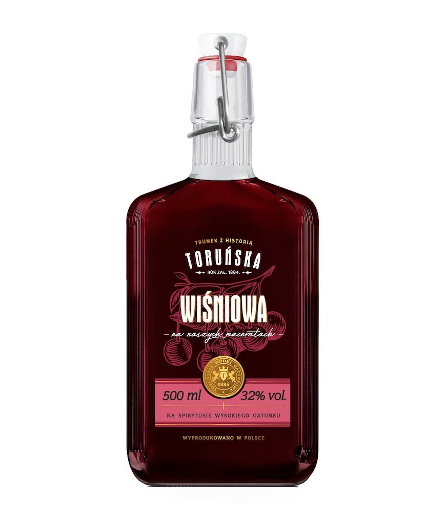 Flasche Toruńska Wiśniowa Kirschlikör aus Polen, 500 ml, mit stilvollem Etikett und Bügelverschluss, in kräftigem Rotton.