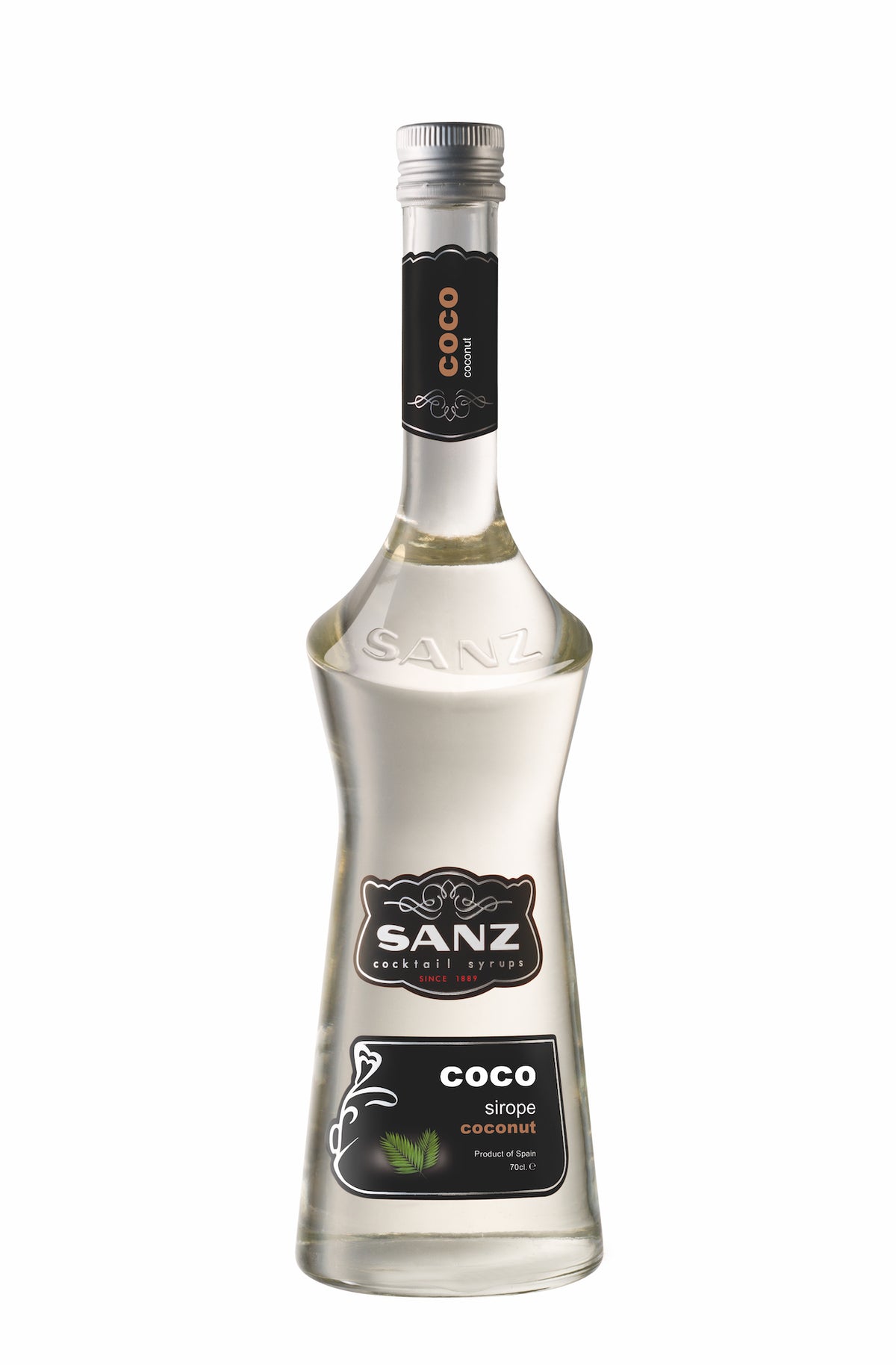 Flasche Kokossirup Sanz, durchsichtig, schwarzes Etikett mit weißer und goldener Schrift, 70 cl, Produkt aus Spanien.