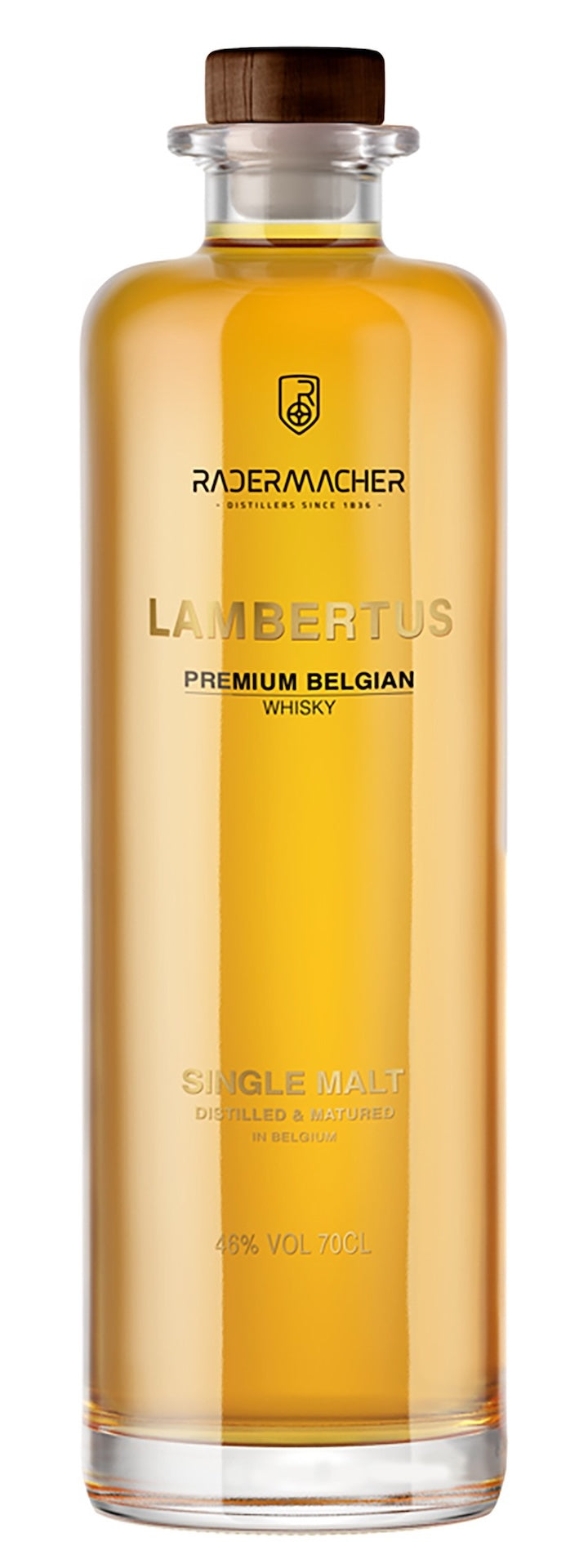 Flasche Lambertus Pure Single Malt Whisky aus Belgien mit Holzverschluss und goldgelber Farbe