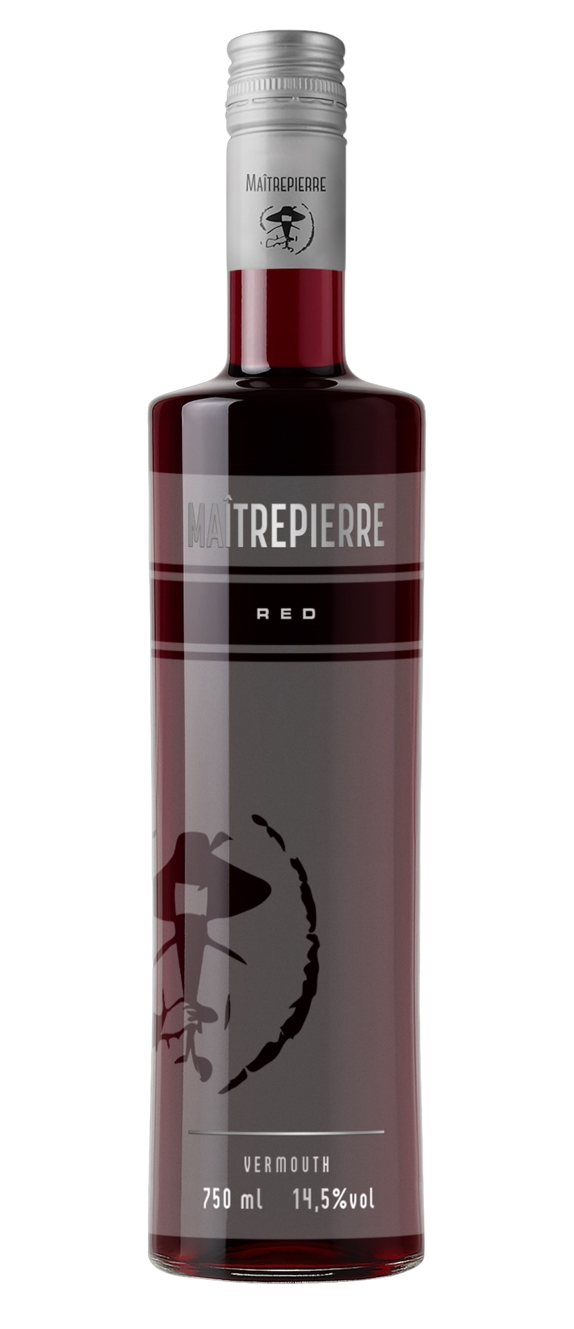 Maîtrepierre Rouge Vermouth vor dunklem, neutralem Hintergrund mit silberner Kapsel und stilisiertem Porträtmotiv auf der Flasche.