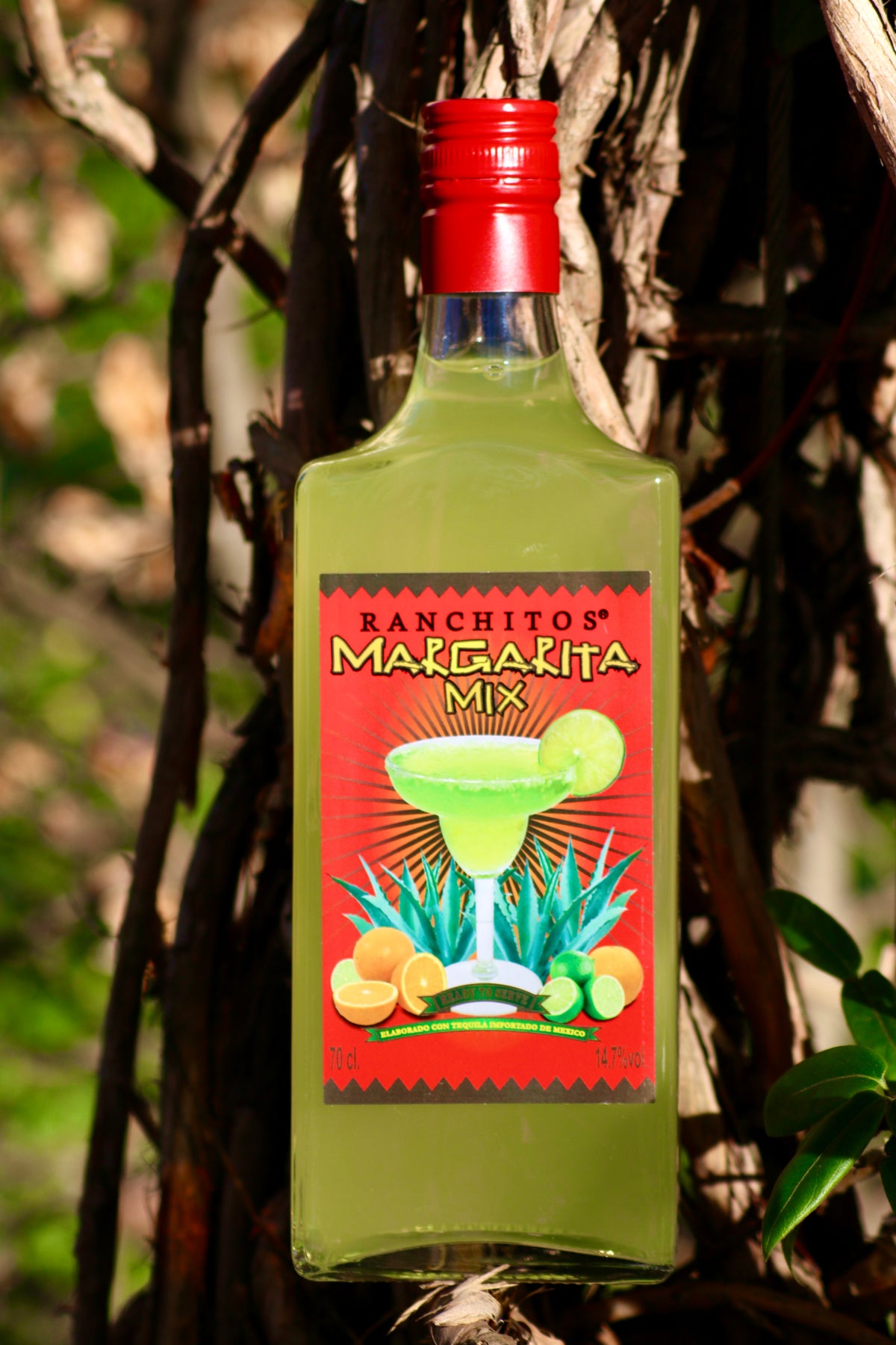 Flasche Ranchitos Margarita Mix, platziert vor einem natürlichen Hintergrund, mit leuchtend rotem Etikett, das eine Margarita und Zitrusfrüchte zeigt.
