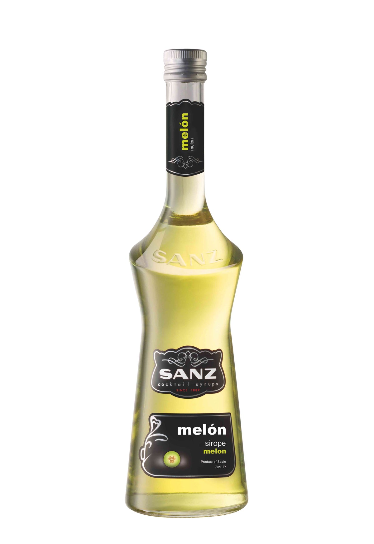 Flasche Sanz Melonensirup mit hellgelbem Inhalt und schwarzem Etikett, abgebildet vor weißem Hintergrund.