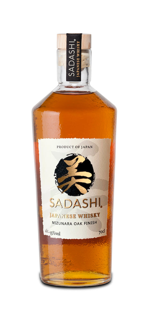 Sadashi Japanischer Whisky mit Mizunara Oak Finish in bernsteinfarbener Flasche mit hellem Etikett