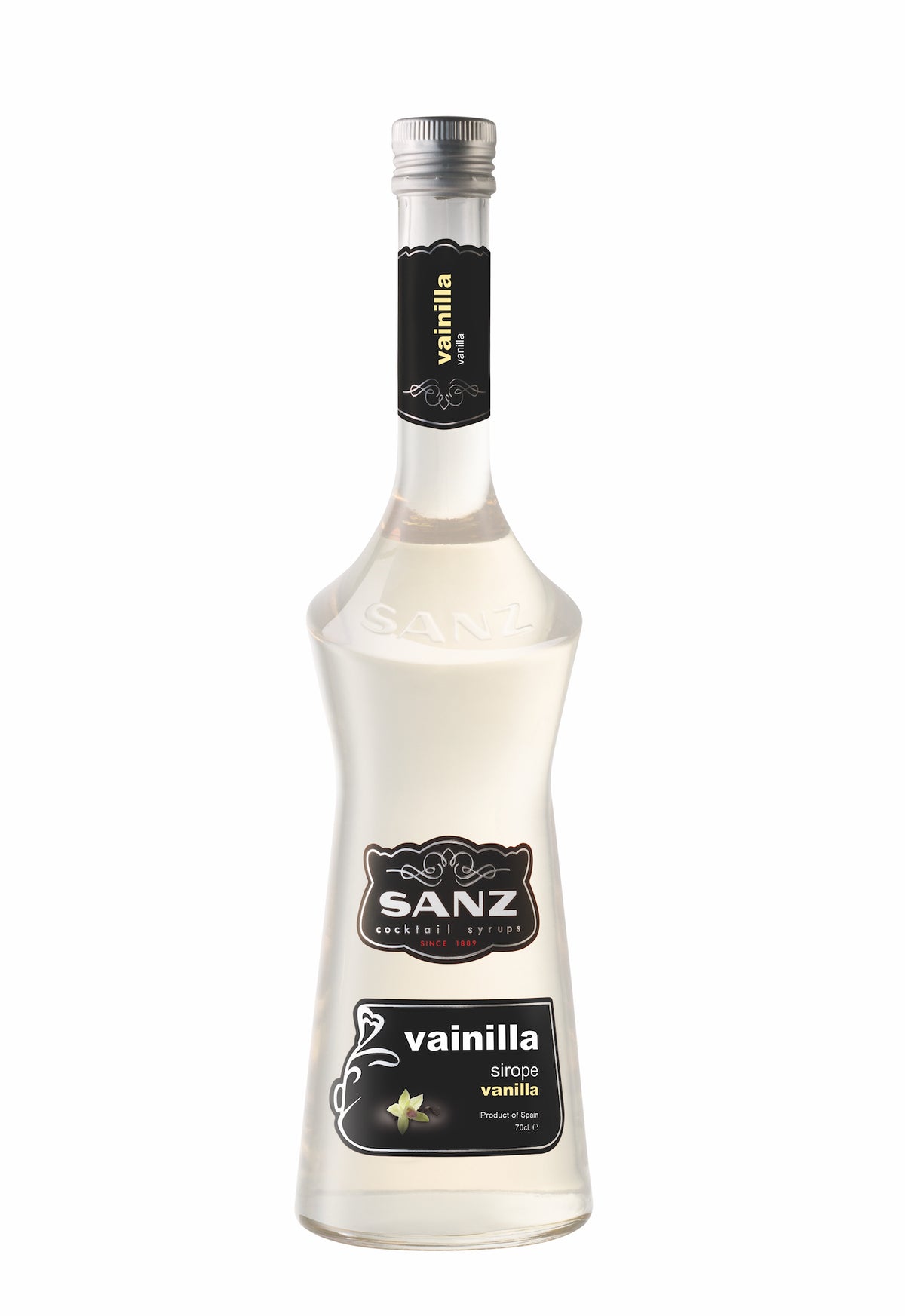 Vanillesirup Sanz 700 ml in einer eleganten Flasche mit schwarzem Etikett