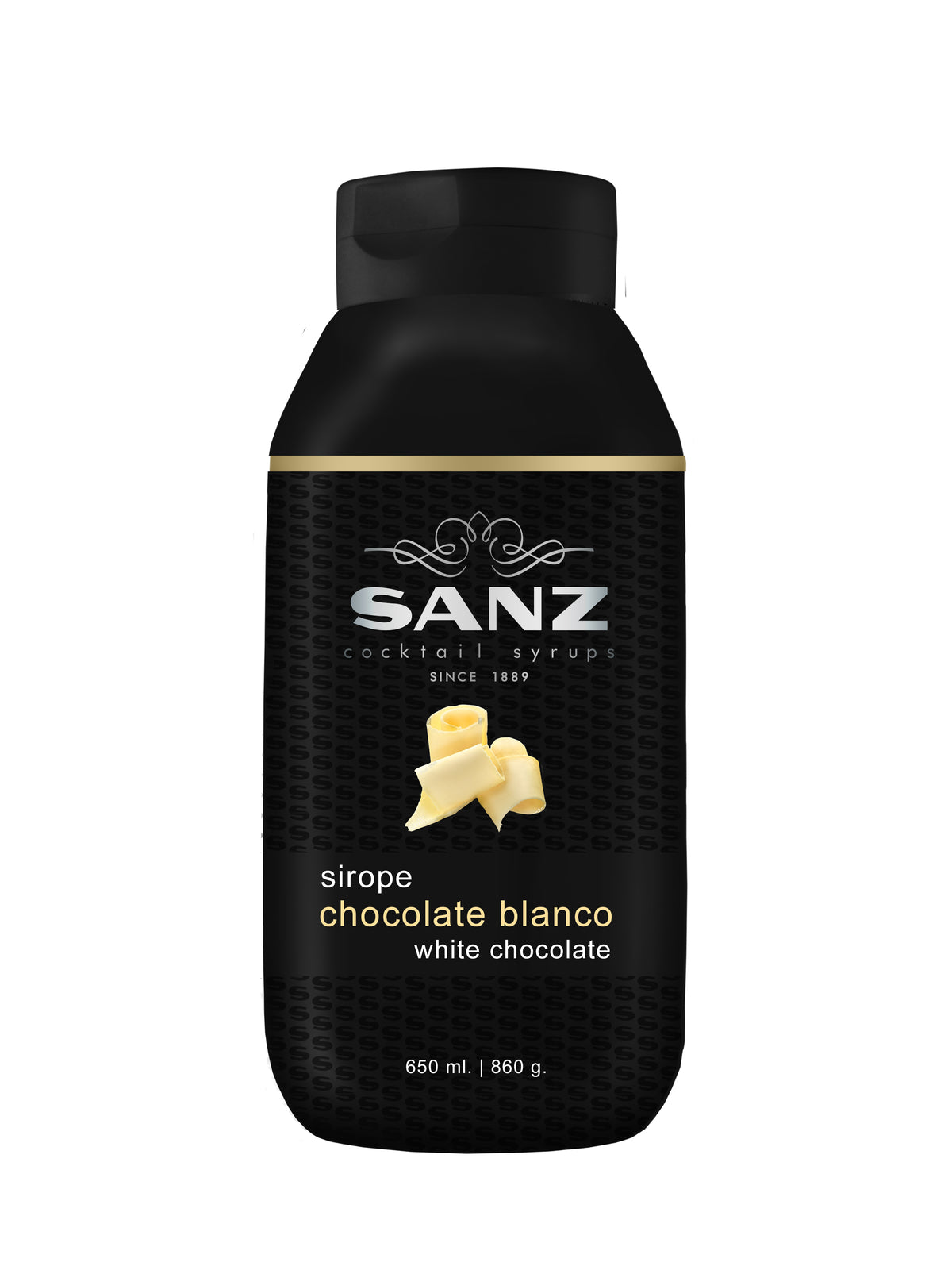 Weiße Schokolade Sirup Sanz in einer schwarzen 650-ml-Flasche mit Abbildung von Schokoladenraspeln auf dem Etikett.