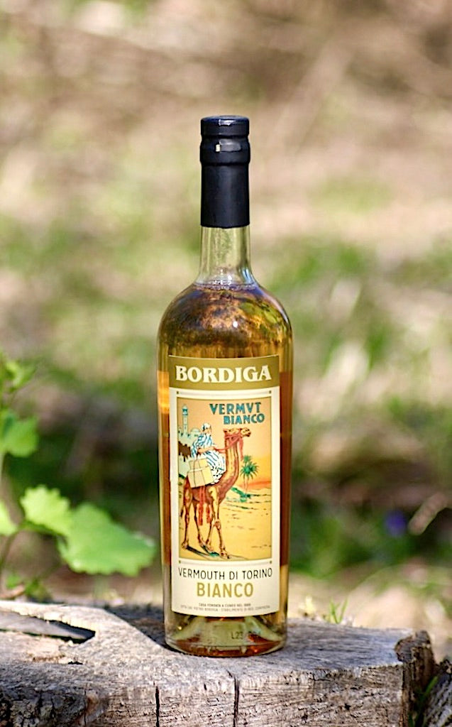 Bordiga Vermouth Bianco Flasche auf Baumstumpf im Freien, Etikett mit Kamelillustration und Aufschrift Vermouth di Torino