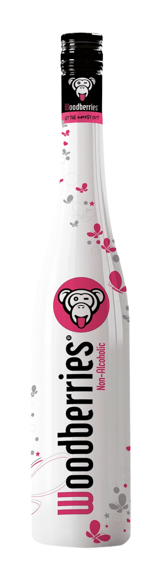 Weiße Flasche Woodberries Non-Alcoholic mit pinkem Affenlogo, Schmetterlingen und schwarzem Schriftzug auf hellem Hintergrund.