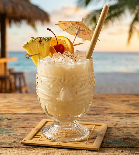 Painkiller Cocktail im transparenten Tiki-Glas mit Ananas, Orange und Kirsche auf Crushed Ice, serviert an einer Strandbar