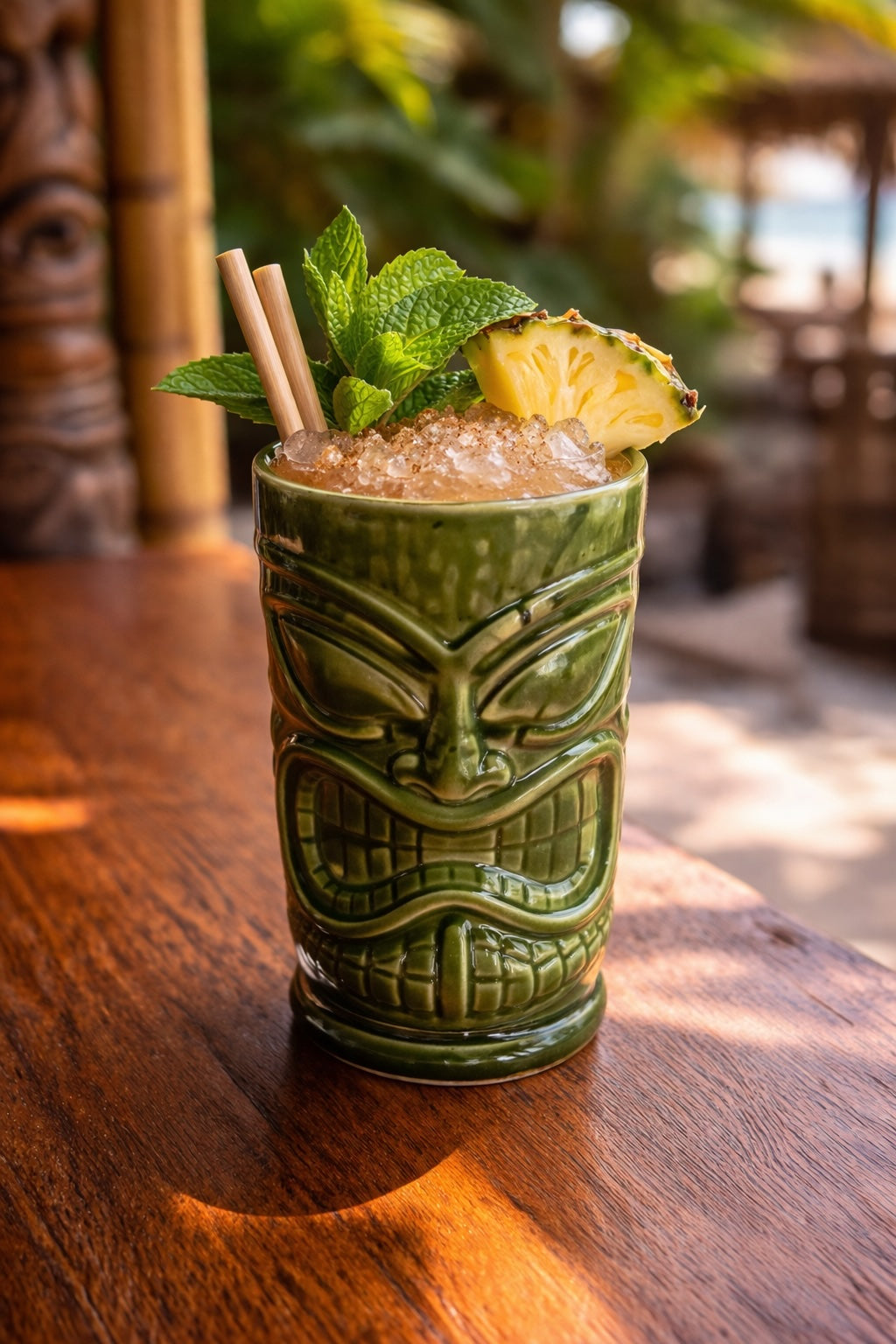 Aku Aku Cocktail im Tiki-Becher mit Minze, Ananas und Crushed Ice, serviert in tropischer Bar-Umgebung