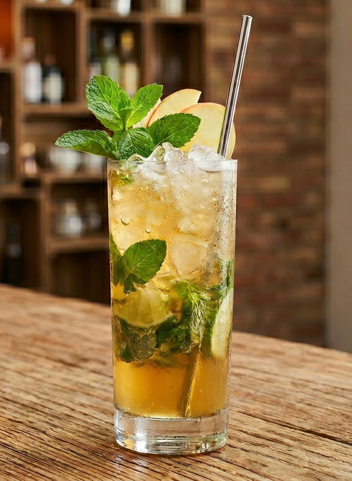 Apfel-Karamell-Mojito im Highballglas mit Crushed Ice, Minze, Limette, Apfelscheiben und Metallstrohhalm auf Holzbar