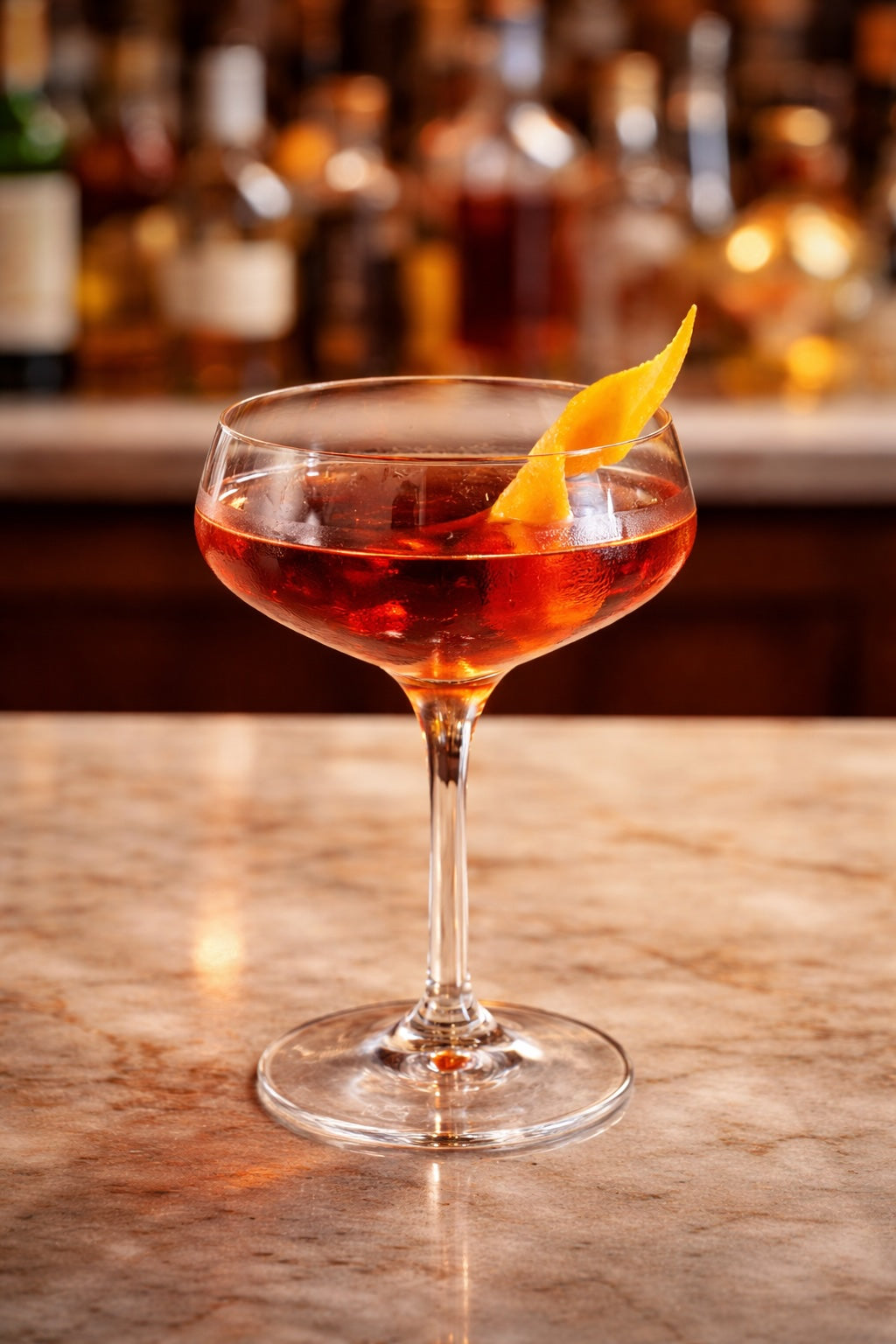 Boulevardier Cocktail im Coupeglas mit Orangenzeste auf heller Bar-Theke, Flaschen unscharf im Hintergrund.