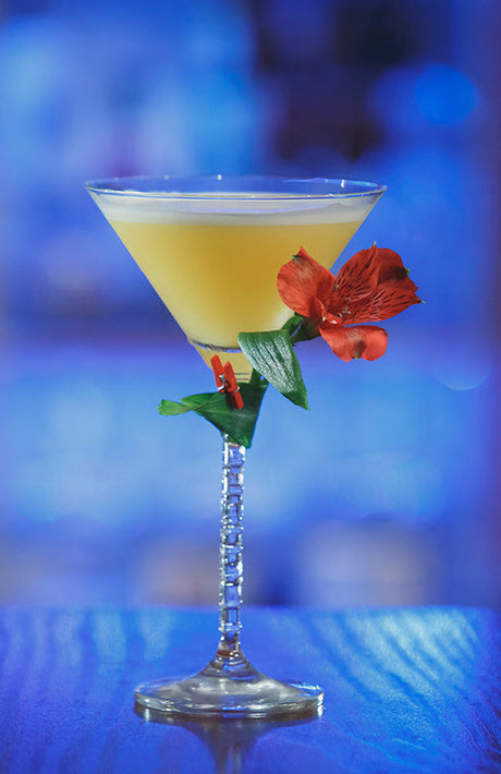 Carmela Cocktail in einem Martiniglas, verziert mit roten Blüten und grünen Blättern, vor blauem, unscharfem Hintergrund.