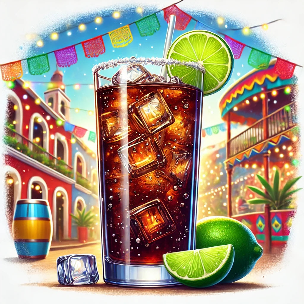 Charro Negro Cocktail mit Limettenscheibe im hohen Glas, auf Eis serviert, vor bunter mexikanischer Kulisse mit Girlanden.