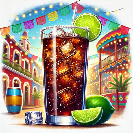Charro Negro Cocktail mit Limettenscheibe im hohen Glas, auf Eis serviert, vor bunter mexikanischer Kulisse mit Girlanden.