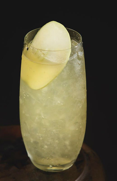 Cider Cooler Cocktail mit Apfelscheibe, Eis und hellgoldenem Schimmer in einem hohen Glas vor dunklem Hintergrund.