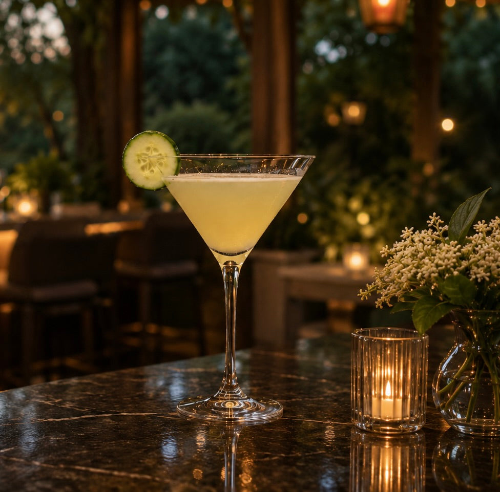 Englischer Garten Cocktail im Martiniglas auf einer Park-Bar-Terrasse bei Dämmerung mit Kerzenlicht
