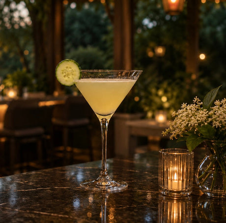 Englischer Garten Cocktail im Martiniglas auf einer Park-Bar-Terrasse bei Dämmerung mit Kerzenlicht
