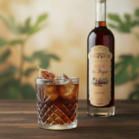 Figue Boulevardier Cocktail im Old-Fashioned-Glas mit Feige neben Fleur de Figue Likör Flasche.
