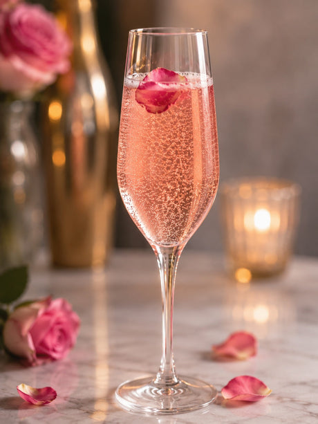 Rosa Cocktail im Sektglas mit Rosenblatt, Rosen und Kerzenlicht im Hintergrund.