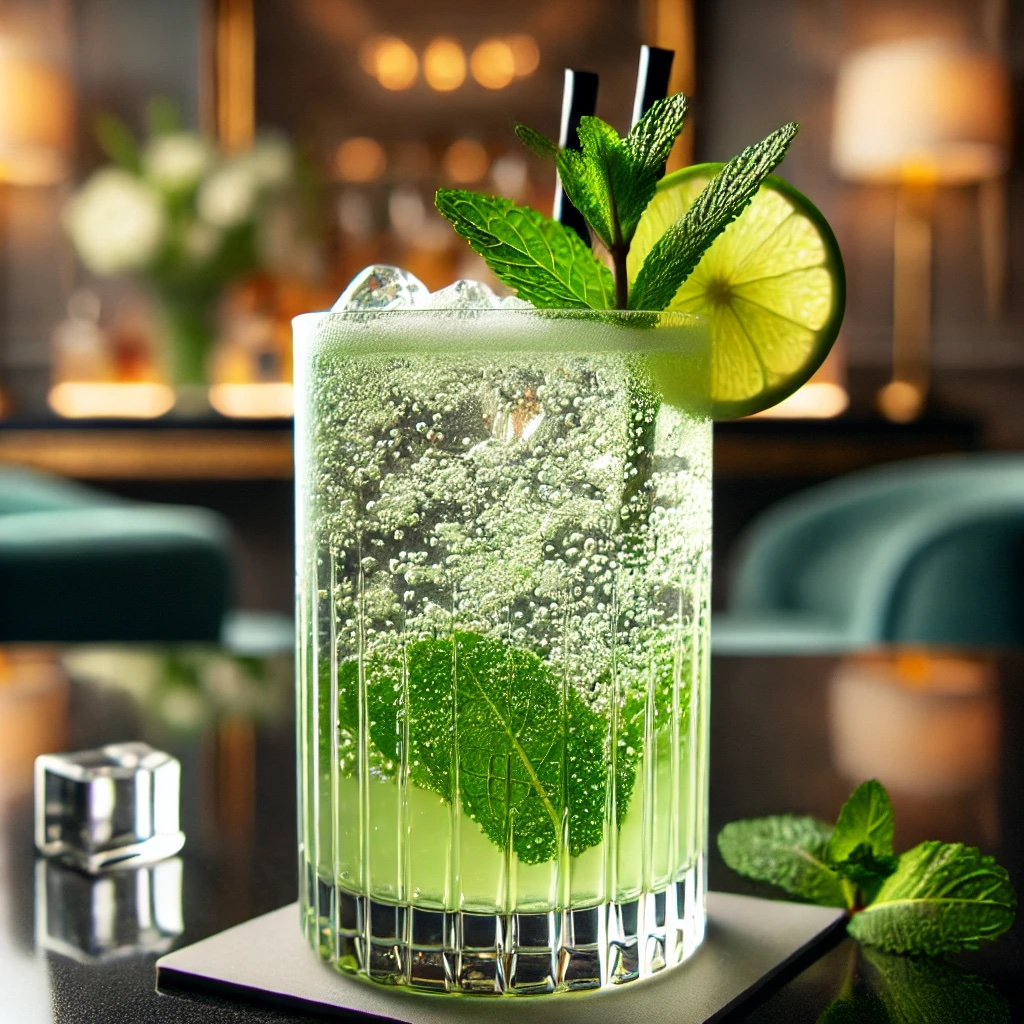Green Fizz Cocktail im Glas mit Eis, Minze und Limettenscheibe, sprudelnd vor unscharfem Bar-Hintergrund