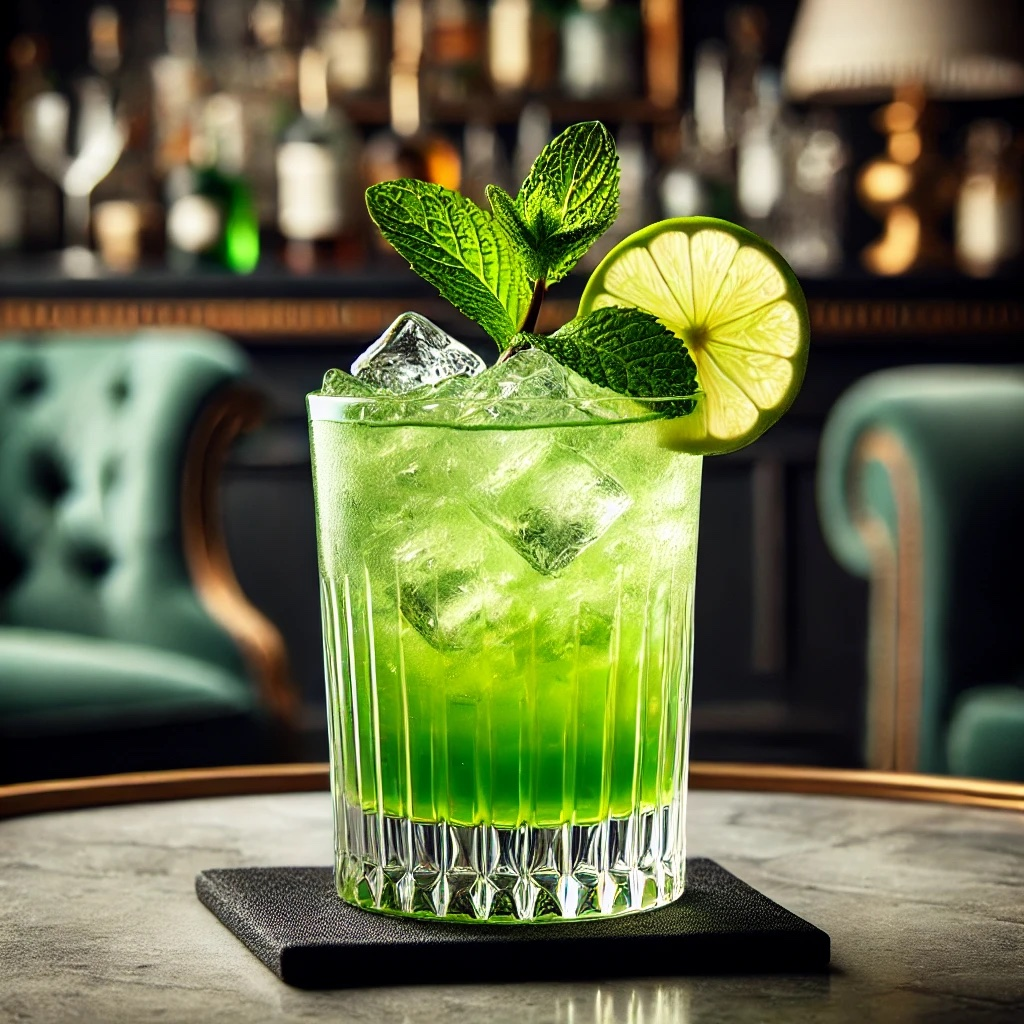Green Swizzle Cocktail im Tumbler mit Eis, Minze und Limette, grüner Drink auf Tisch in Bar Ambiente