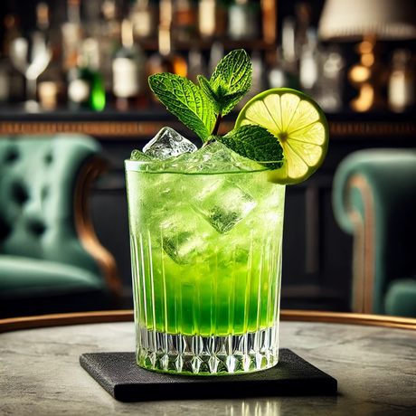 Green Swizzle Cocktail im Tumbler mit Eis, Minze und Limette, grüner Drink auf Tisch in Bar Ambiente