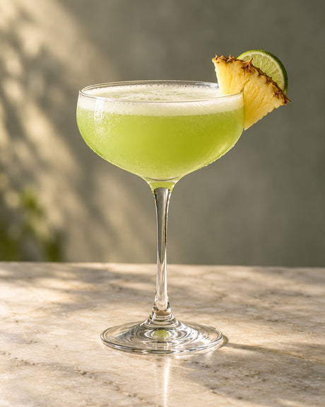 Green Vibes Cocktail in Hellgrün mit feiner Schaumkrone, Ananasstück und Limettenscheibe in einer Cocktailschale.