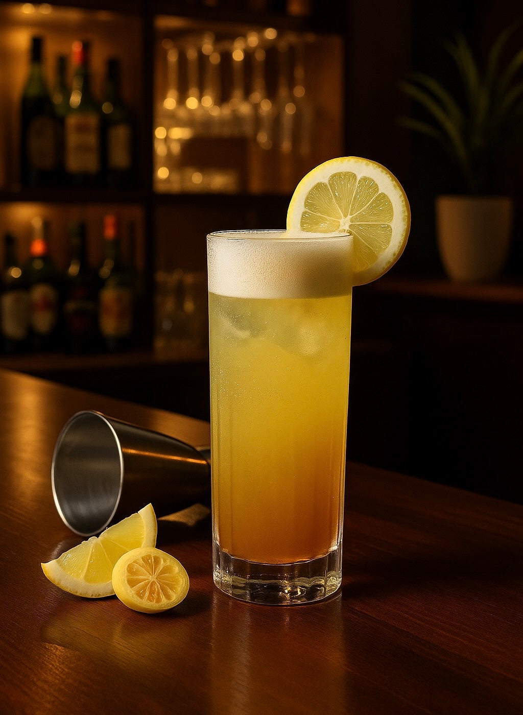 Strathspey Highball Cocktail in einem hohen Glas mit Zitronenscheibe auf einer Bar, daneben Shaker und Zitronenstücke.