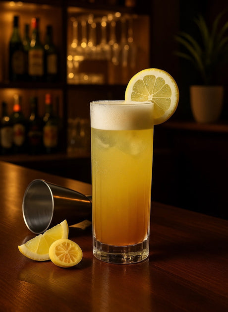 Strathspey Highball Cocktail in einem hohen Glas mit Zitronenscheibe auf einer Bar, daneben Shaker und Zitronenstücke.