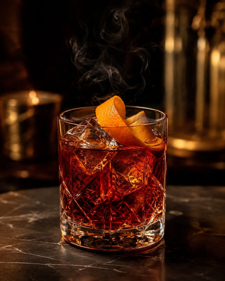 Smoked Tequila Negroni im Tumbler mit Eis, Orangenzeste und Rauch vor dunklem Barhintergrund