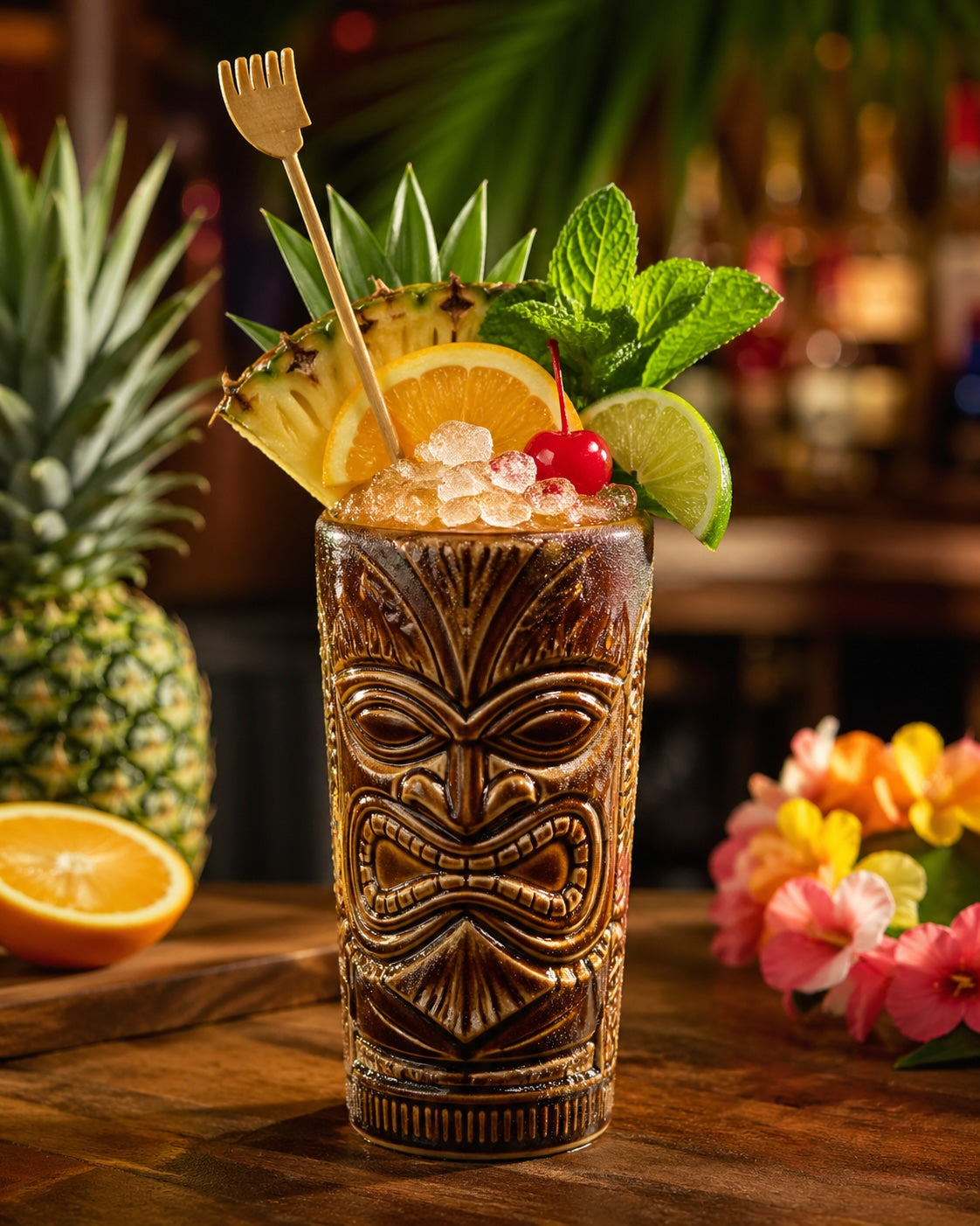 Tropical Itch Cocktail im Tiki-Becher mit Crushed Ice, Ananas, Orange, Limette, Minze und Kirsche serviert