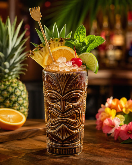 Tropical Itch Cocktail im Tiki-Becher mit Crushed Ice, Ananas, Orange, Limette, Minze und Kirsche serviert