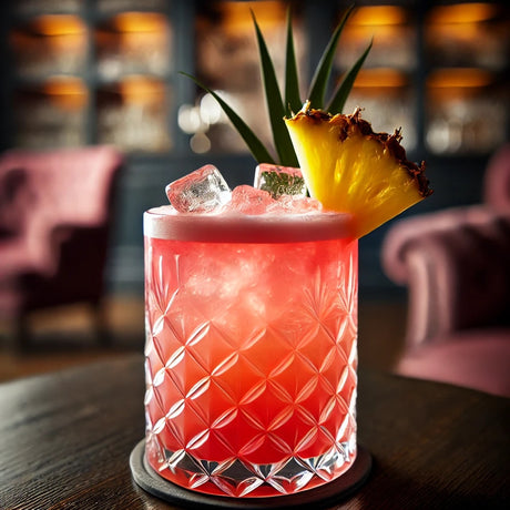 Hawaiian Seabreeze Cocktail mit Ananasscheibe und Eiswürfeln im Tumbler vor unscharfem Lounge-Hintergrund.