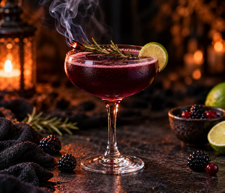 Hexentrunk Cocktail in dunklem Purpur mit rauchendem Rosmarinzweig und Limettenscheibe in einer Coupette bei Kerzenlicht.